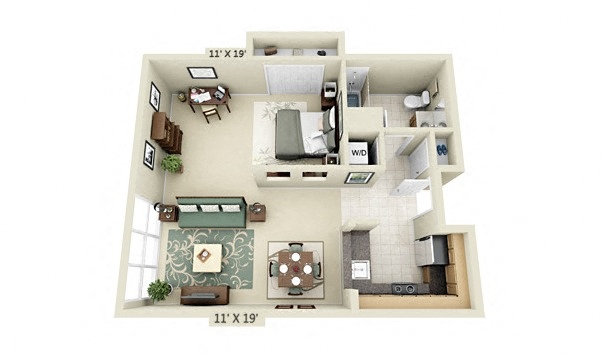 Floor plan for studio, 1 bath, 561 sqft